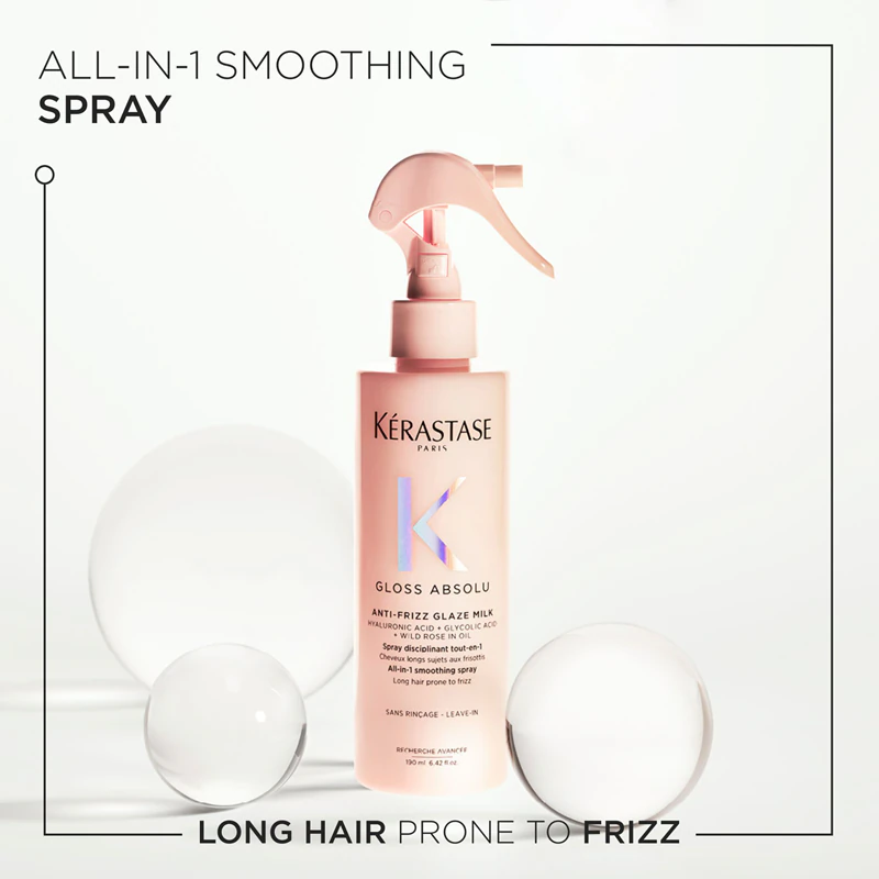Kérastase Gloss Absolu Anti-Frizz Glaze Milk leave-in spray voor glans en zachtheid.