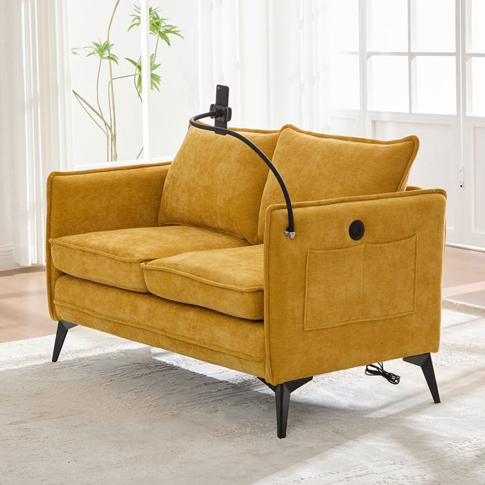 Modern 2-seater sofa, armchair with storage and phone holder for living room or bedroom, yellow