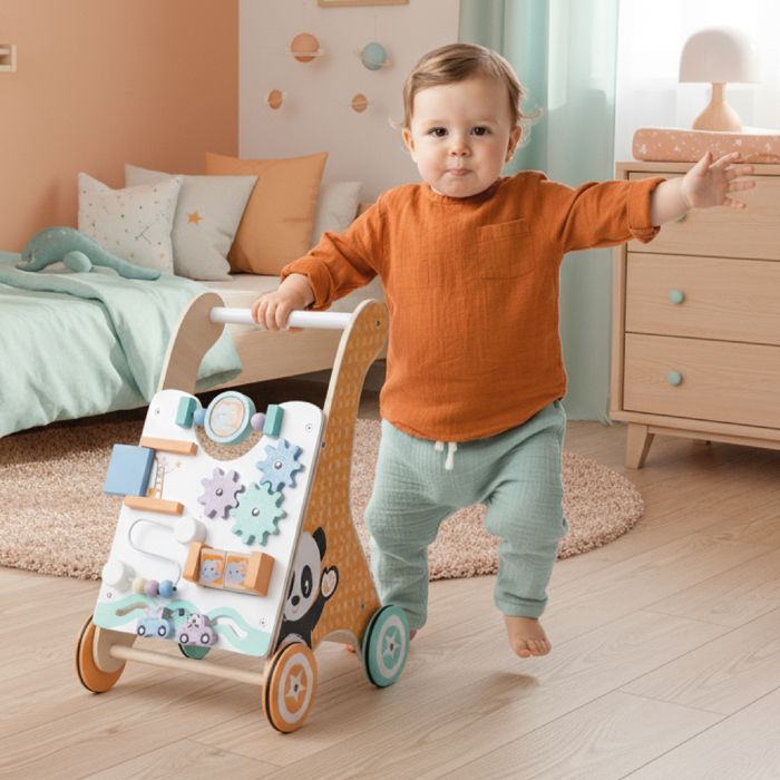 Wooden Baby Walker for Ages 12 Months and Up with Play Panel, Rotating Wheels, Maze, Mirror, and Accessories