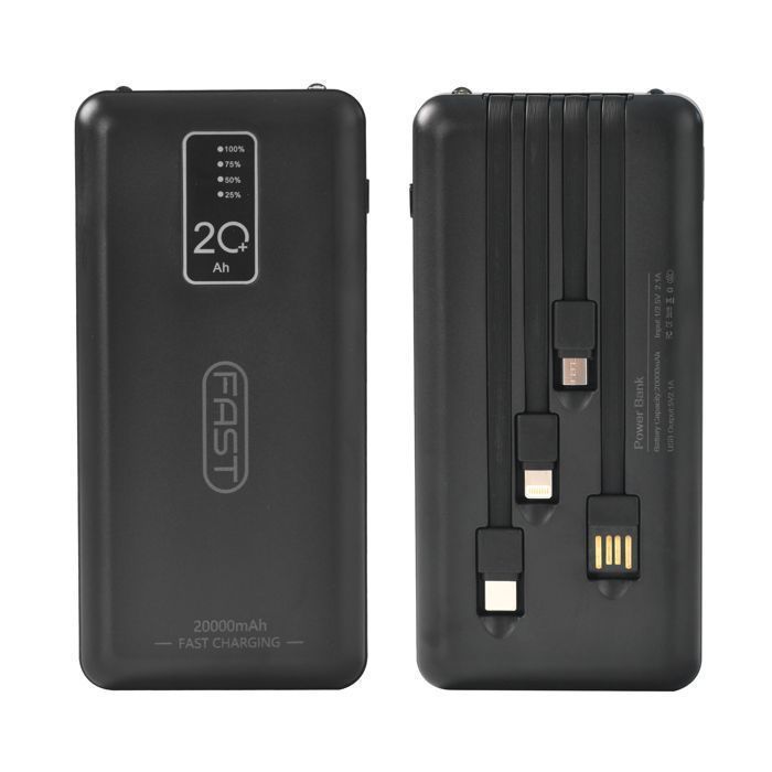 Externe batterij van 20000 mAh - Slankste powerbank - met 4 geïntegreerde kabels - Draagbare batterij en LCD-display, zwart
