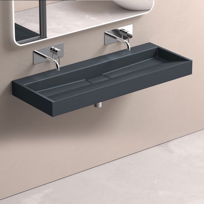 Lavabo suspendido con desagüe, lavabo de encimera, gris mate/negro, 120x46x11cm, lavabo rectangular, no requiere taladrado, Colossum19