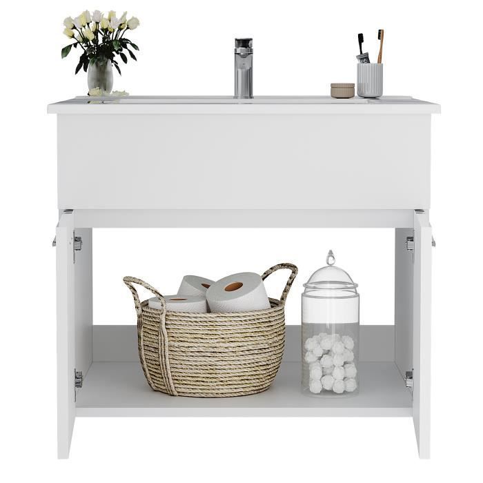 Badezimmermöbel-Set, 2-teilig – Unterschrank + Waschbecken + Spiegel, platzsparend – Weiß