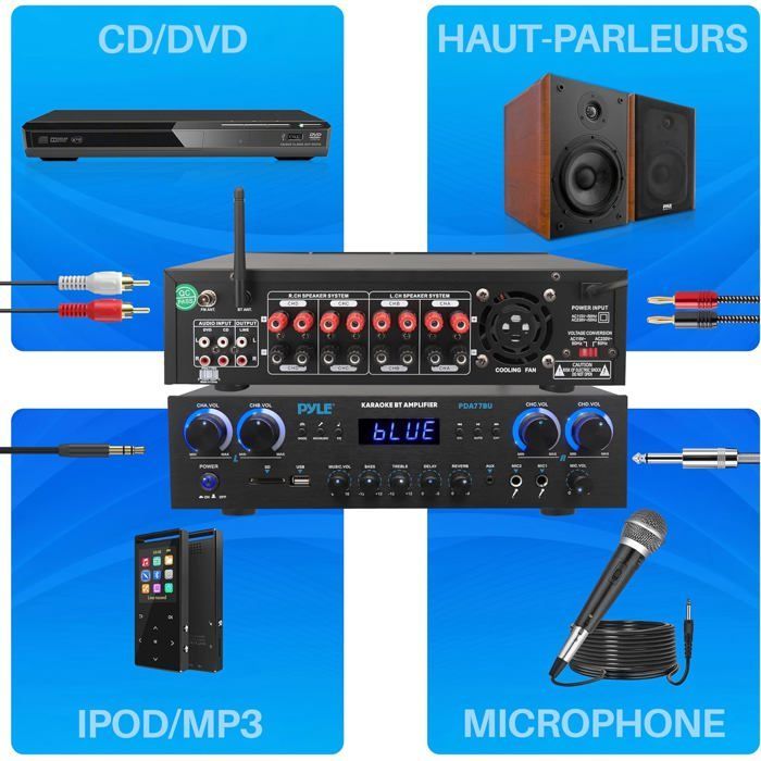 Pyle 800W 4-Kanal Bluetooth-Verstärker – MP3, USB, SD, AUX, RCA, FM, 2 Mikrofone
