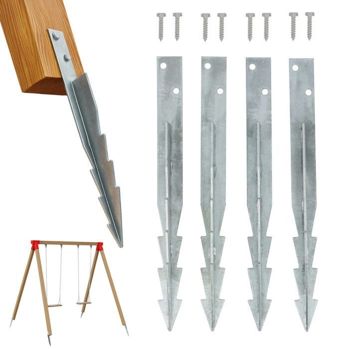 Grondankerset voor schommels - 4 x 44 cm gegalvaniseerde stalen ankers/paalsteunen - Voor schommels, torens en speeltoestellen