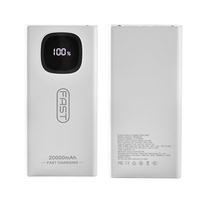 Batteria esterna, power bank da 22,5 W e 20000 mAh, portatile con ingresso e uscita USB C, ricarica rapida PD3.0 e QC4.0, colore bianco.