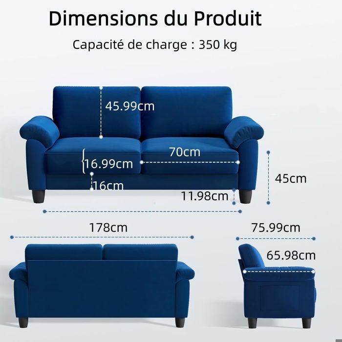 Canapé 2 Places en Velours Bleu pour Salon,Petits Espaces,Chambre,Contemporain , Fauteuil  Scandinave avec 2 coussins,178x76x87cm