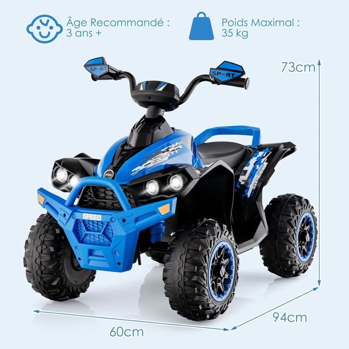 Quad eléctrico 4x4 GOPLUS para niños de 3 a 8 años, capacidad de carga de 35 kg, batería con autonomía de 1 a 2 horas, 2 velocidades ajustables, 1 asiento, con luces LED y música, color azul.