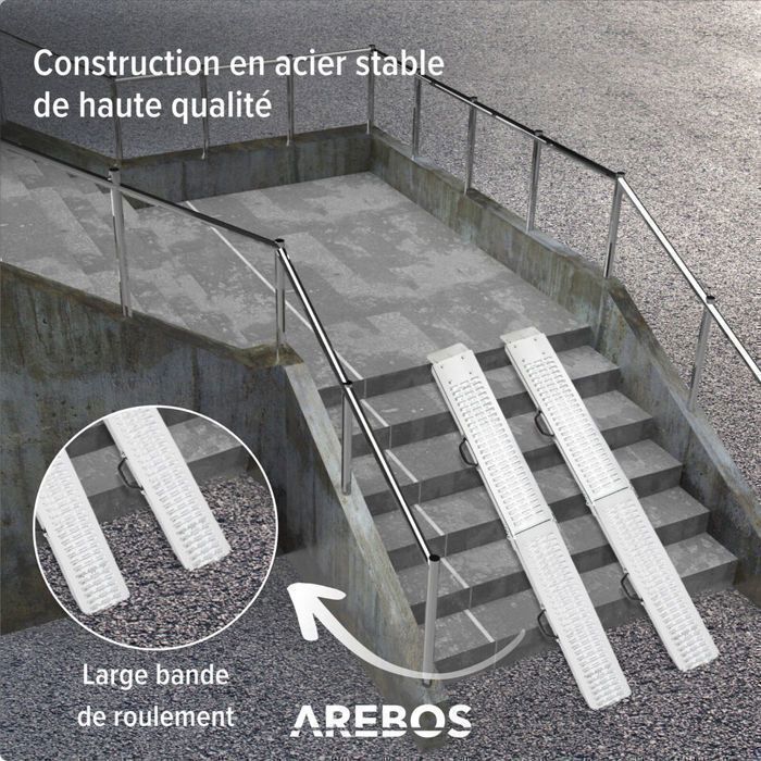 Rampas de acceso plegables de acero AREBOS (2 unidades) – Capacidad de 400 kg, superficie antideslizante, compactas y fáciles de transportar.
