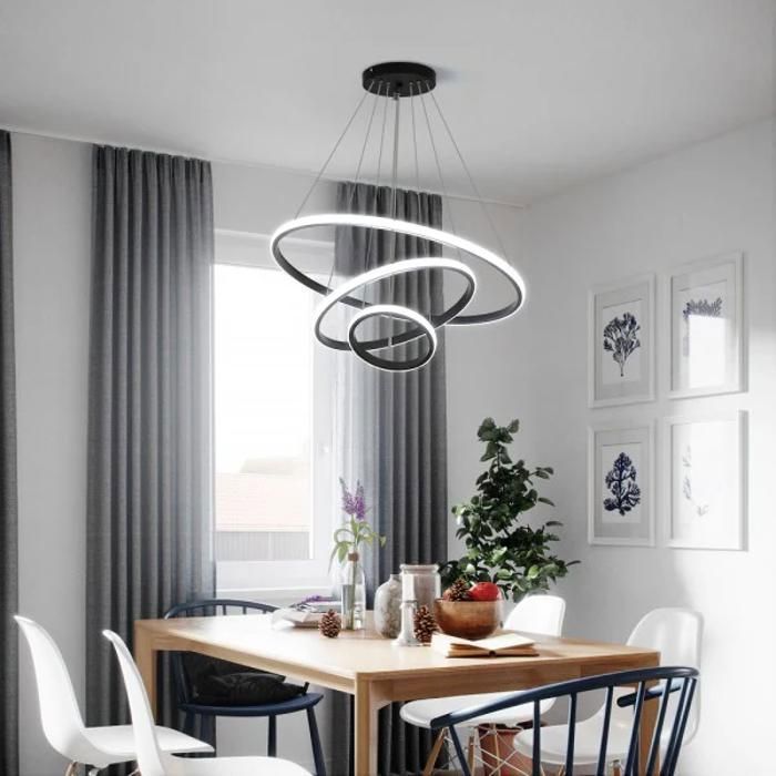 DELIPOP Suspension LED moderne 3 Anneaux Noir Lustre de Plafond dimmable avec télécommande pour salon salle à manger - Ø20+40+60cm