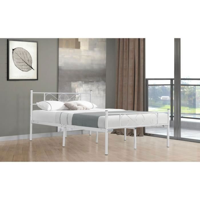 Cama metálica modelo HOLA de 140 x 190 cm - Blanca - SIN MARCA - Cama de metal - Base de láminas - Estilo industrial - Loft