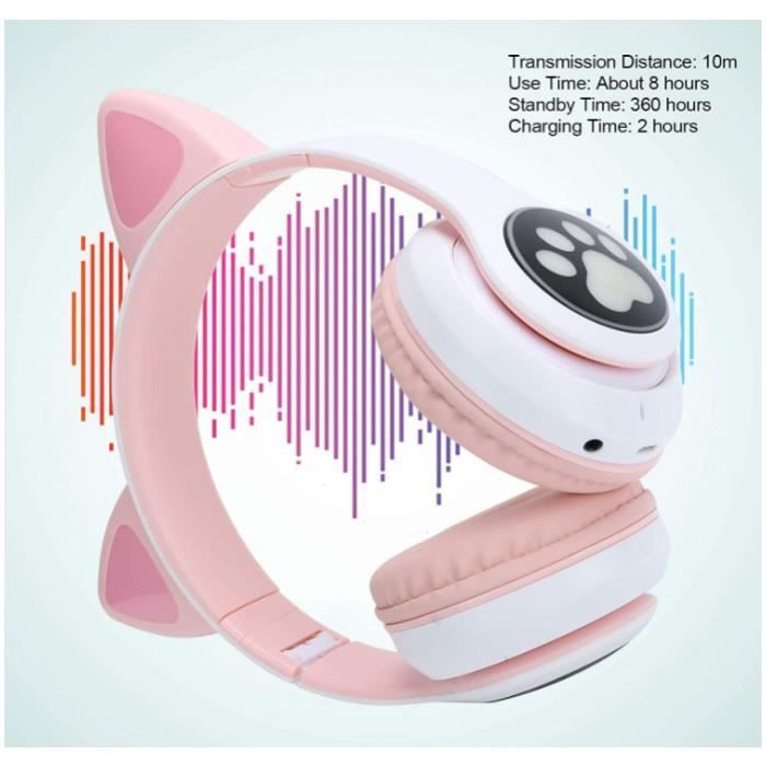 Auriculares Bluetooth con orejas de gato para niñas, auriculares estéreo plegables con luz LED / PS4 / PC / Tablet / TV (rosa + blanco)