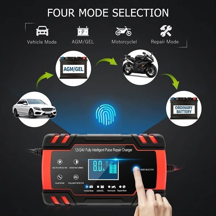 Chargeur de Batterie Intelligent 12V/24V 8A Automatique Réparation Fonction Portable avec Écran LCD, pour Voiture Moto Camion