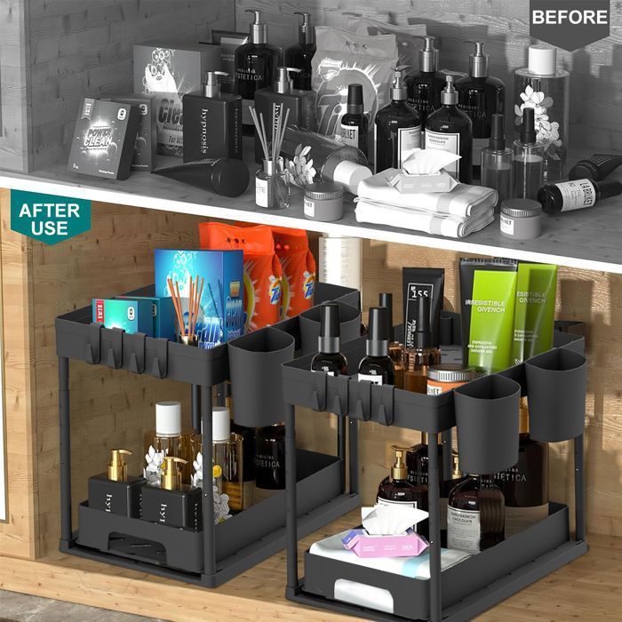 Set di 2 mobili sottolavello - Organizer sottolavello con cassetto estraibile - Organizzazione e stoccaggio in cucina, nero