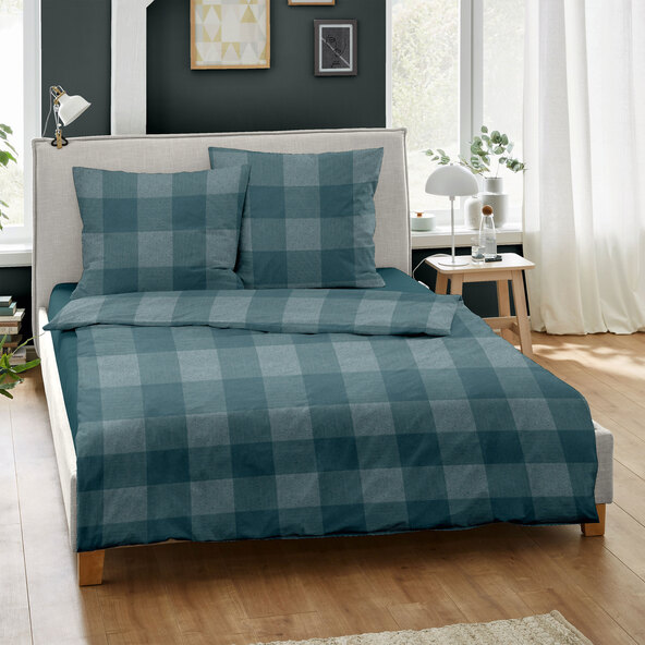 Jacquard flanell sengetøy 200/220 + 2x80/80 cm, petrol rutete