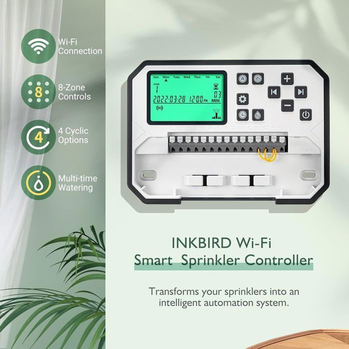 Temporizador de riego INKBIRD IIC-800-WIFI de 8 vías, sistema de riego con monitoreo remoto, ajuste estacional y cubierta.