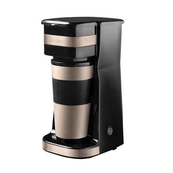 Compact coffee machine with thermal mug, beige
