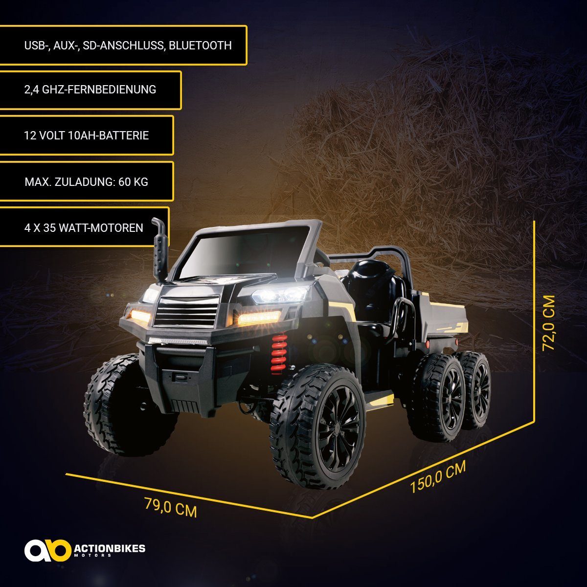 Actionbikes Motors elektrische kinderauto A730 UTV, 60 kg laadvermogen, (2-delig), met afstandsbediening - USB - AUX - softstart - automatische rem