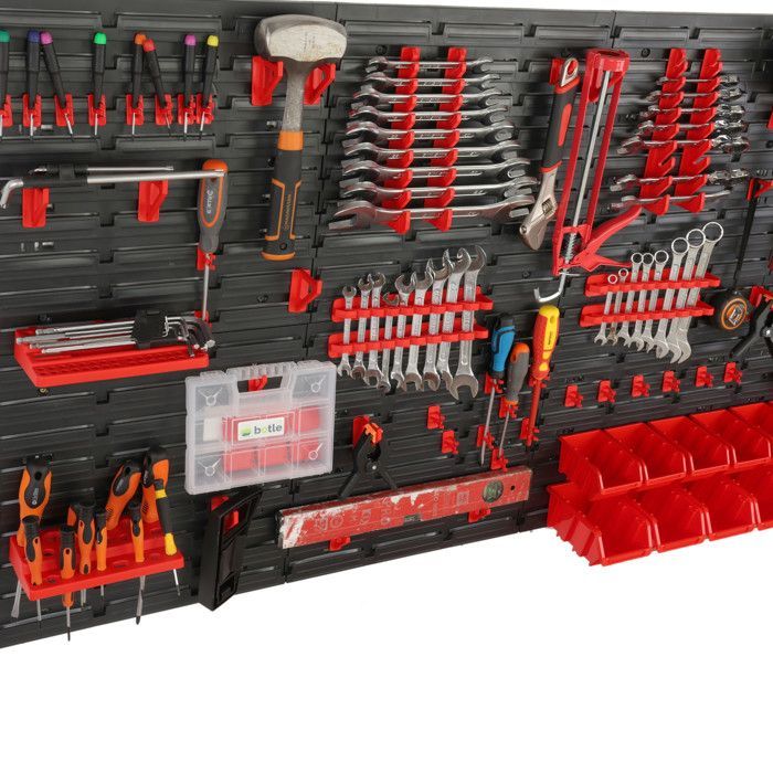 Panel de pared para taller de herramientas de 116x80 cm + 23 asas para contenedores de garaje