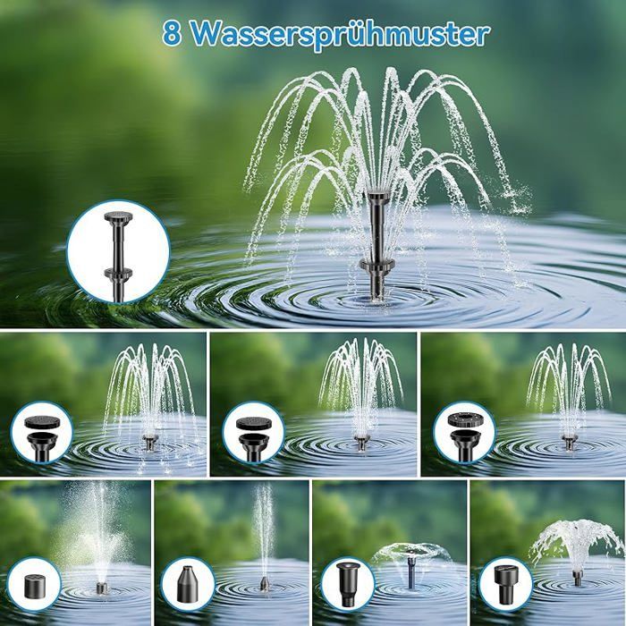 Fontaine solaire avec filtre de bassin - Fontaine solaire 8 W et batterie de secours de 3000 mAh - 8 modes de
