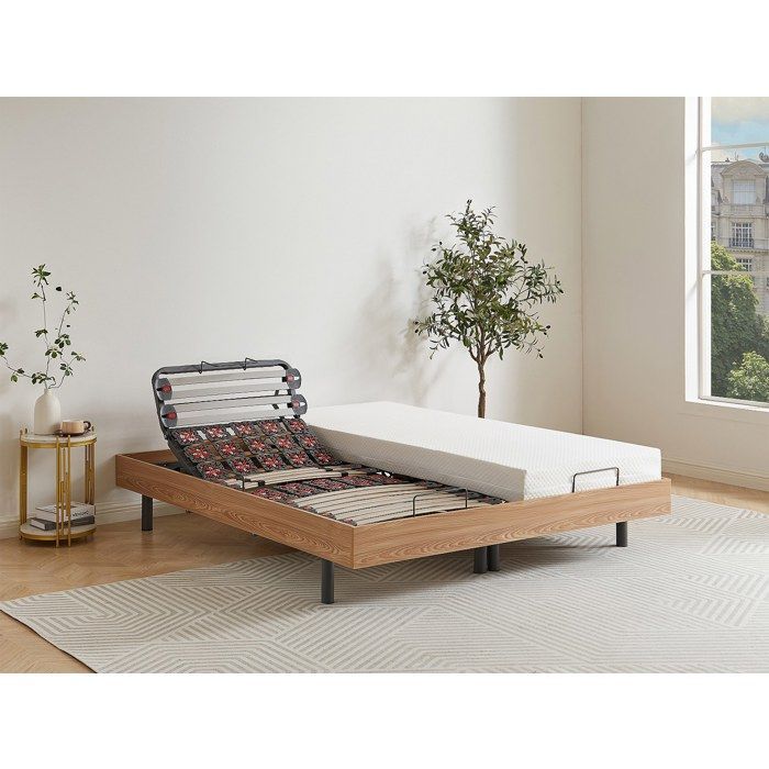 Base de cama eléctrica de relajación con lamas decorativas y 2 x 25 muelles - 2 x 80 x 200 cm - Roble natural - CISERANO de YSMÉE