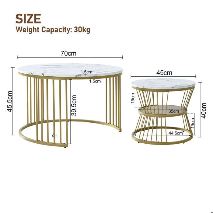 Table basse - Lot de 2 Table Basse - Style Moderne - Ronde - Blanc et Or - Table Basse Gigogne - Bois Marbre et Pieds Métal - 70/45