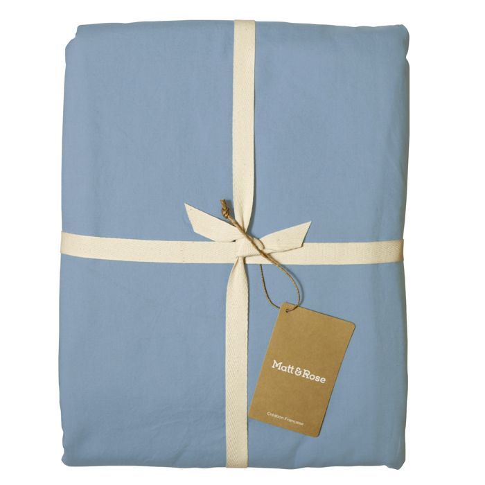 Parure de lit unie 2 personnes taies à franges 100% Coton - MATT & ROSE - COTON LAVÉ - Bleu orage - 240x220+2x65x65 cm