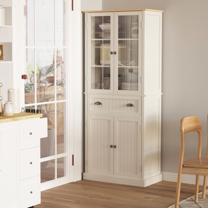 Kitchen sideboard - HOMCOM - storage unit with 4 doors (2 glass doors) and 1 drawer - wood - height 182.5 cm - beige