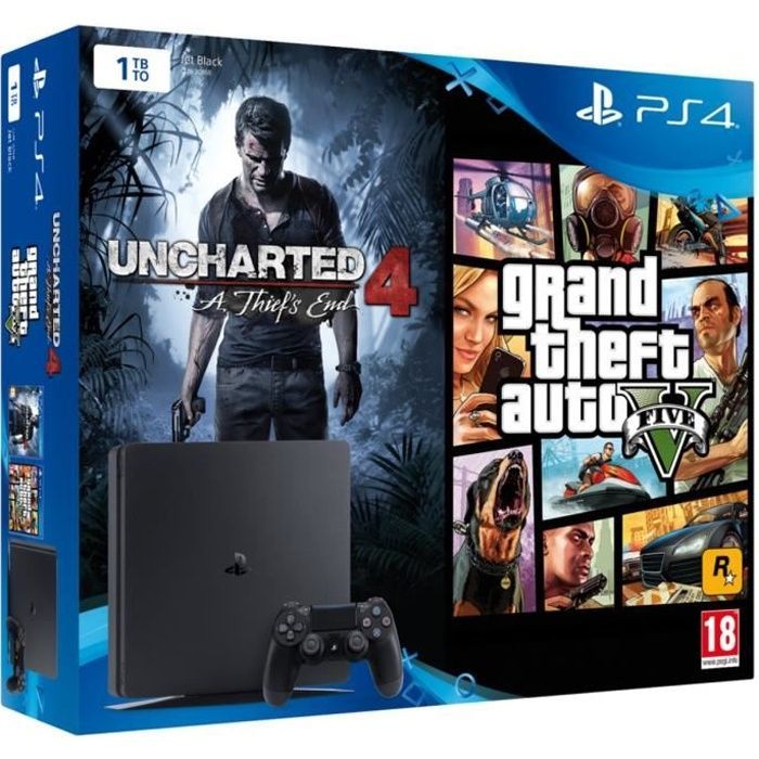 Nouvelle PS4 Slim 1 To + 2 Jeux : Uncharted 4 : A Thief's End + GTA V