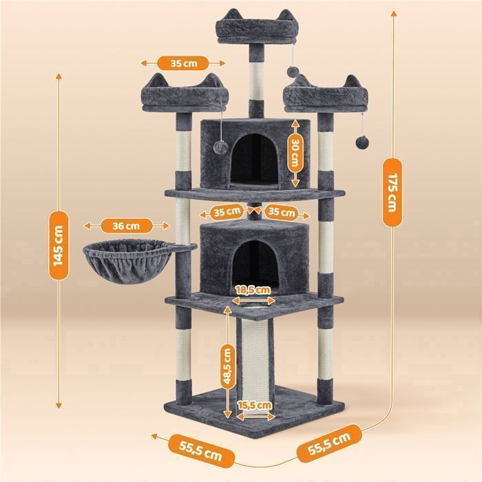 Árbol para gatos XXL de 175 cm con postes rascadores de sisal, cuevas, pelotas y perchas, casa de juegos multinivel para gatos, gris oscuro YAHEETECH