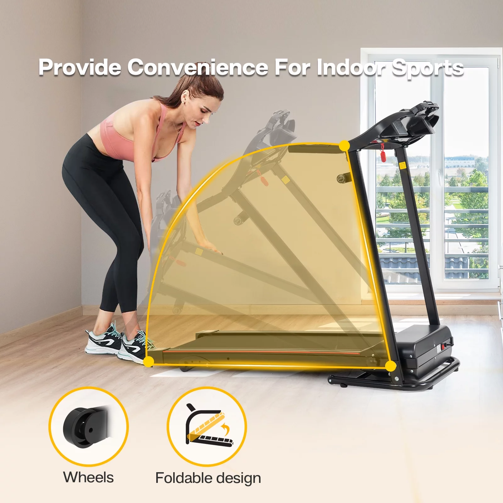 Tapis roulant pieghevole da 2,5 HP, portatile, compatto, ideale per corsa, camminata e allenamento a casa, con 12 programmi preimpostati, display a LED, musica Bluetooth e facile montaggio.