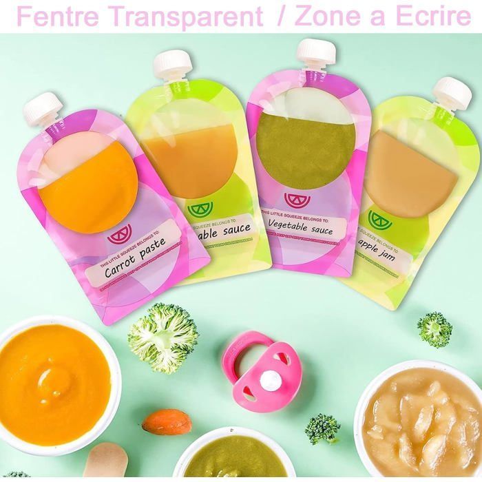 Gourdes réutilisables pour aliments - DOK - Lot de 10 - 150 ml - Pour purées et smoothies - Pochette zippée