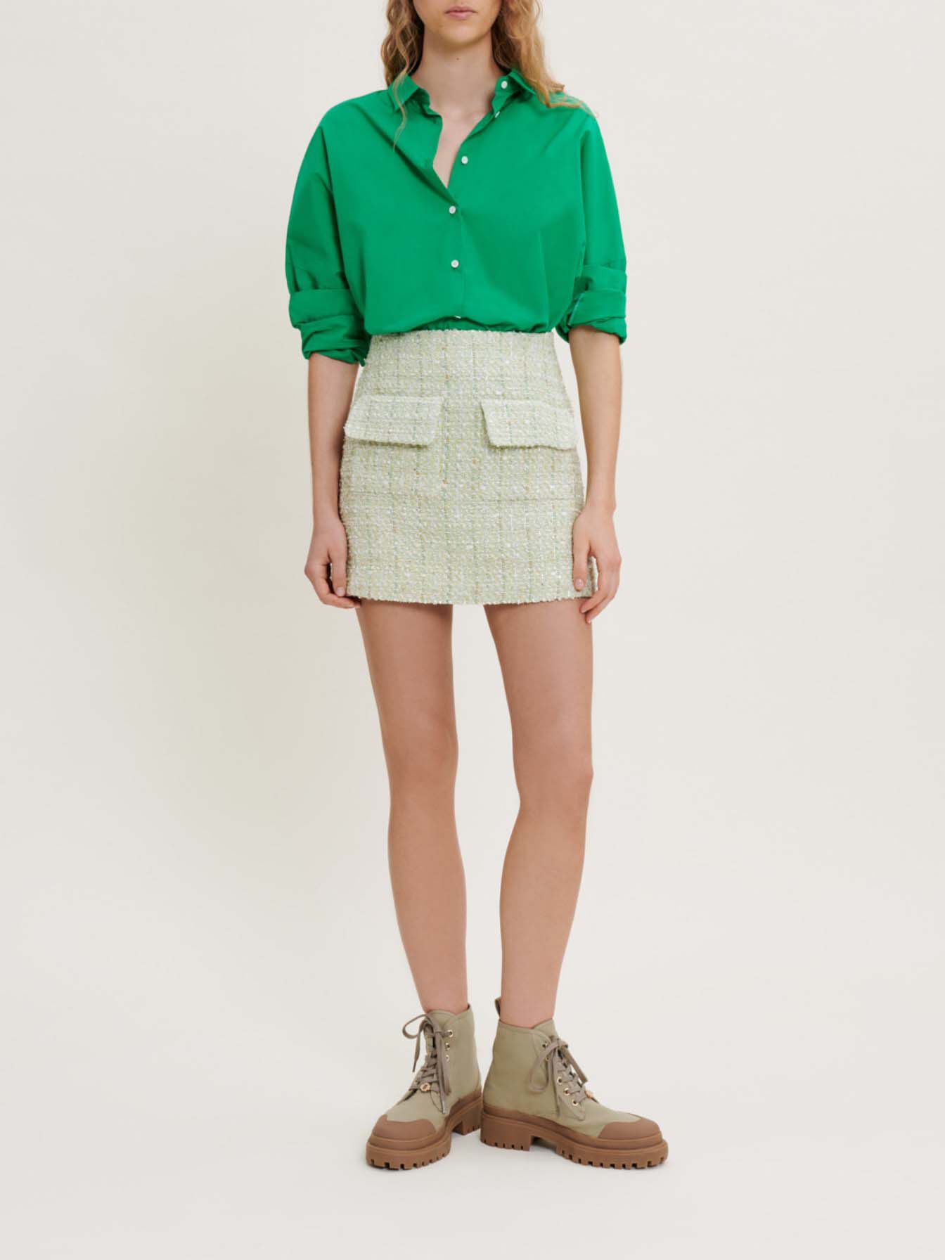 Fustă strălucitoare din tweed - Vert clair