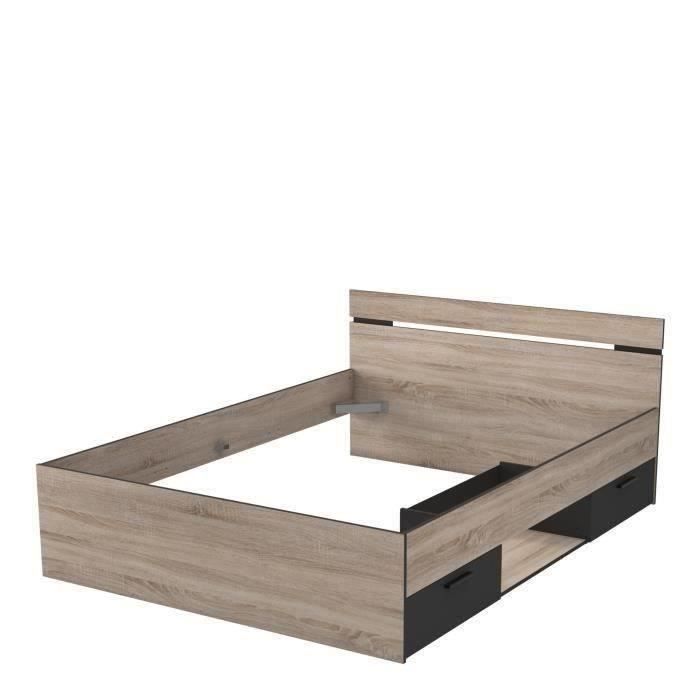 DEMEYERE Michigan Lit adulte 140x190 cm - 2 tiroirs et 1 niche - Industriel - Décor chêne brossé et noir