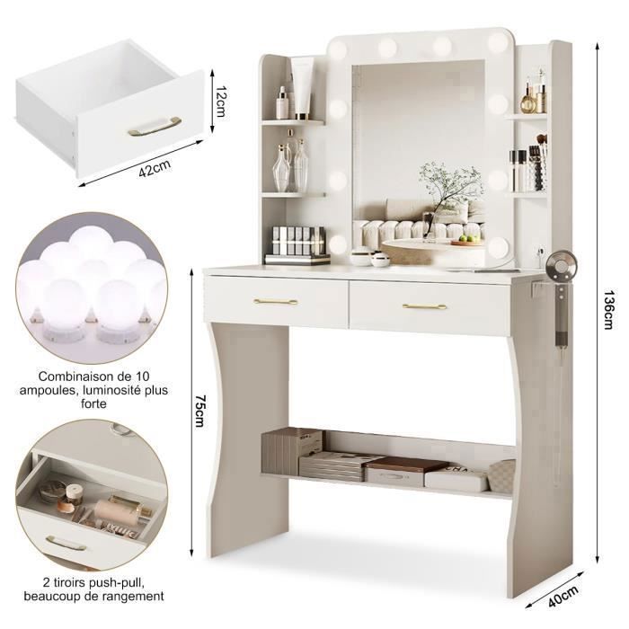 Coiffeuse avec Miroir LED et Tabouret - NHHF - 85x40x140 CM - 3 Modes D'éclairage - 2 Prises et 2 USB - 2 Tiroirs - 4 Étagères