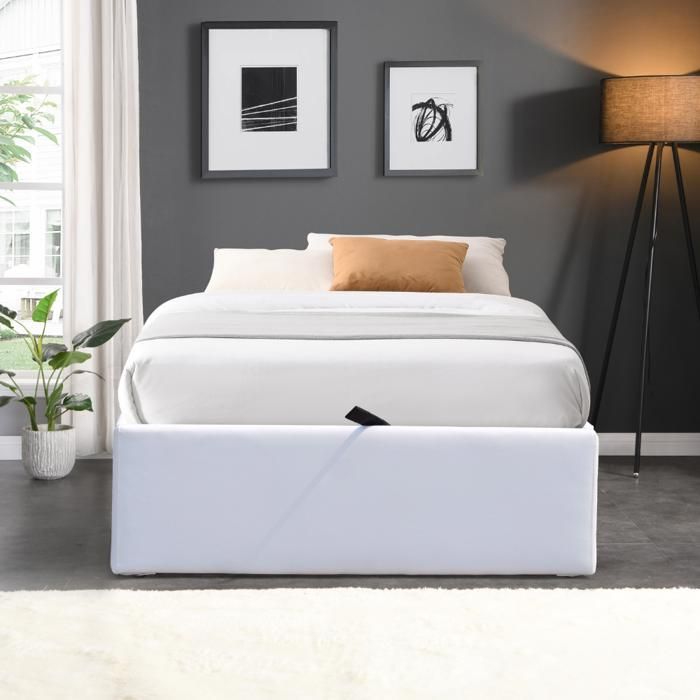 Cama con almacenamiento - NOCHE DORADA - Manon - 90x200 cm - 12 listones - Funda de PVC de piel sintética