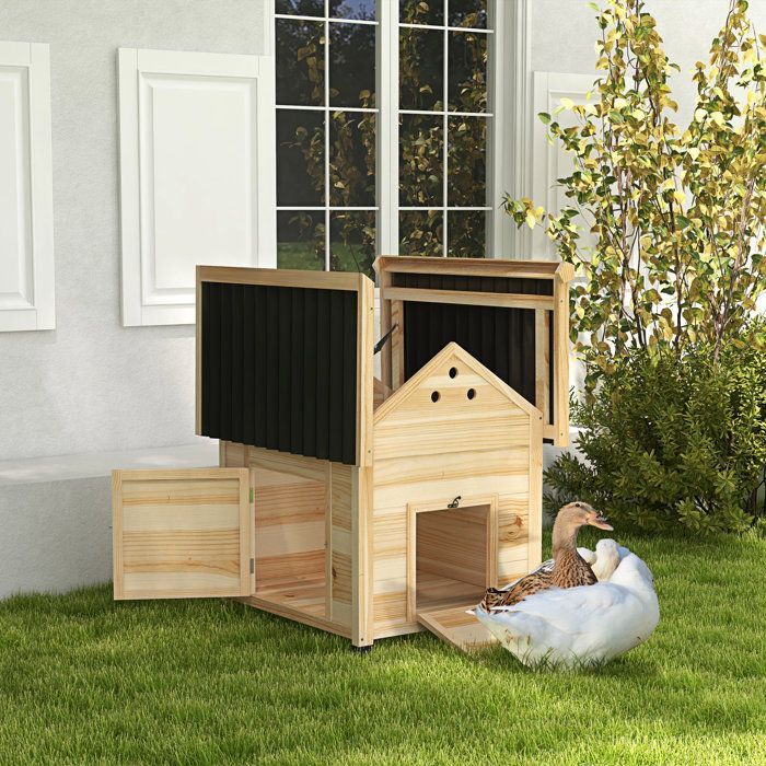Gallinero para patos - PawHut - techo abatible, doble puerta y orificios de ventilación - madera - 78x90x92cm - efecto madera natural