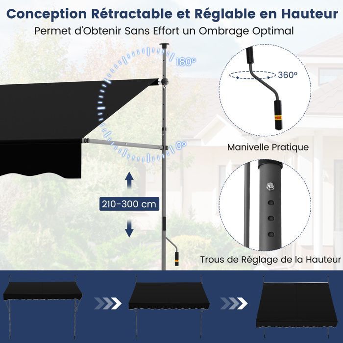 COSTWAY Store Banne Manuel Rétractable 3 x 1,2M - Manivelle Hauteur Réglable 210-300CM, Auvent de Terrasse Anti UV Noir