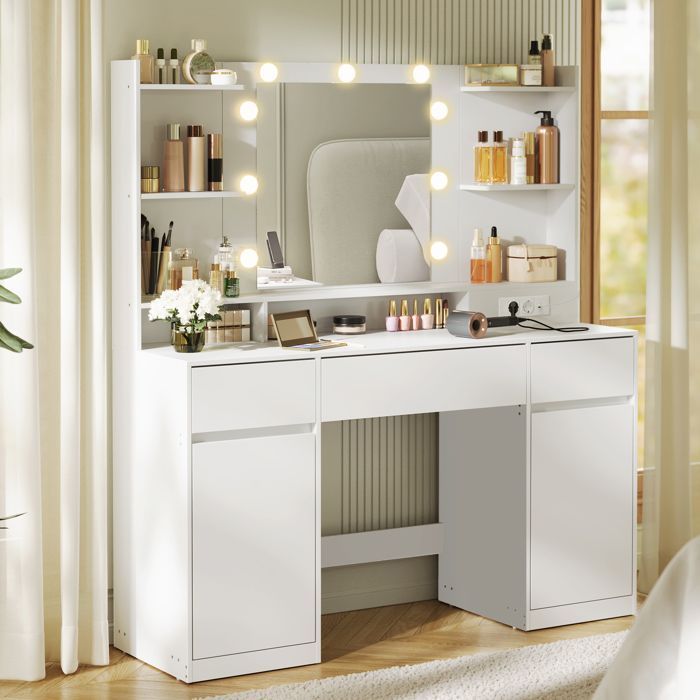 Dressing table with LED mirror - VASAGLE - 3-color lighting - 9 bulbs - Integrated power strip - 2 cupboards - 3 drawers