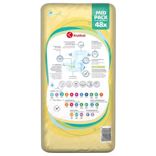 Kruidvat 2 mini plenice za novorojenčke, srednje pakiranje, velikost 2 (3-6 kg), 48 kosov