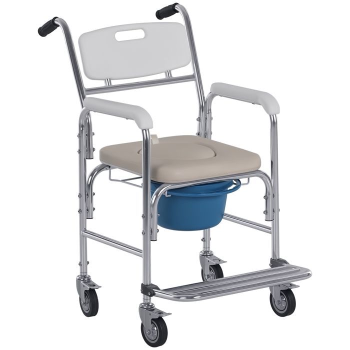 Chaise percée à roulettes - HOMCOM - fauteuil roulant percé douche seau amovible accoudoirs repose-pied - acier HDPE - blanc