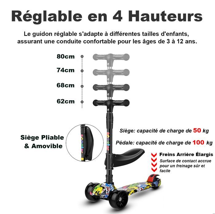 Trottinette Enfants avec Lumières et Musique Siège Amovible & Pliable Roues Larges Hauteur Réglable Capacité Max 100 kg,