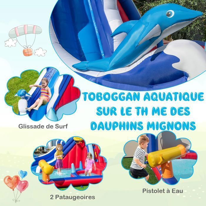 DREAMADE 6-in-1 opblaasbaar kasteel voor kinderen met glijbaan, zwembad, waterkanon, basketbalring en ringwerpspel