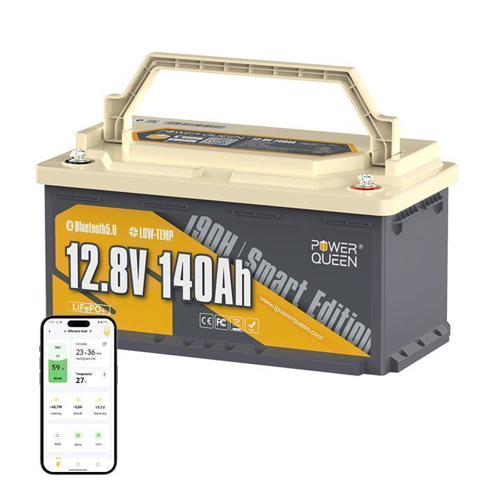 PowerQueen 12V 140Ah LiFePO4 lithiumbatterij voor onder de stoel, 150A BMS, Bluetooth 5.0, koudebescherming voor caravan en camper