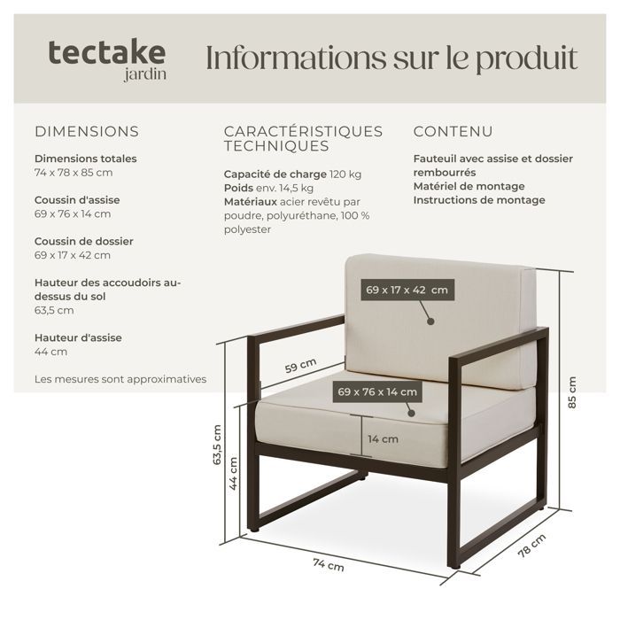 Sillón de jardín - TECTAKE - Silla COMOSA para uso exterior, acolchado XXL, estructura de acero - Beige
