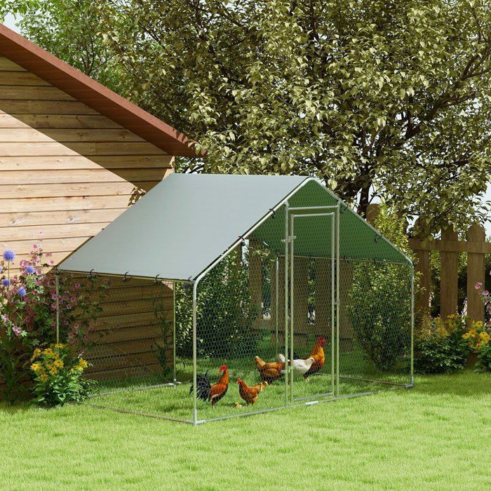 Gallinero PawHut - puerta con cerradura - 5-8 gallinas - cubierta impermeable y resistente a los rayos UV - acero galvanizado - 3x1,7x1,9 m - plateado