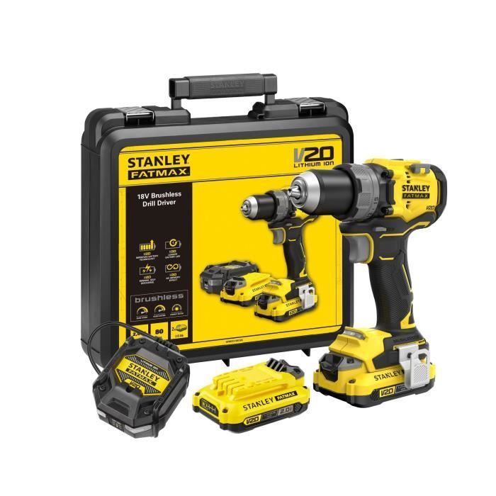 Taladro/atornillador inalámbrico - 18V - STANLEY FATMAX V20 - SFMCD725D2K-QW - Sin escobillas - 80Nm - 2 baterías de 2Ah + cargador de 1,25A