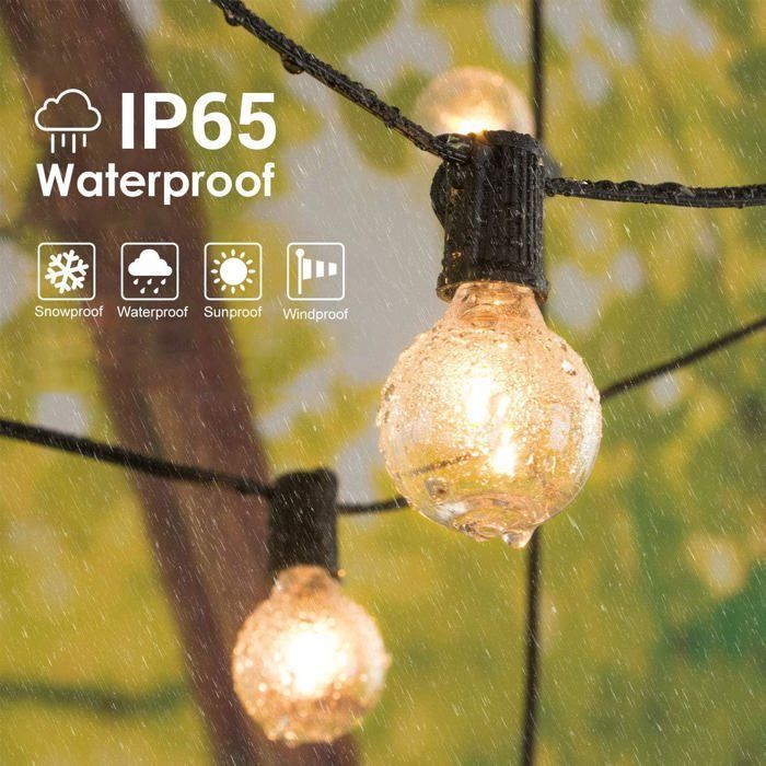 Guirnalda de luces exteriores de 12 m con 30 bombillas, apta para interiores y exteriores, incluye 3 bombillas de repuesto conectables, resistente al agua IP65 - Blanco cálido