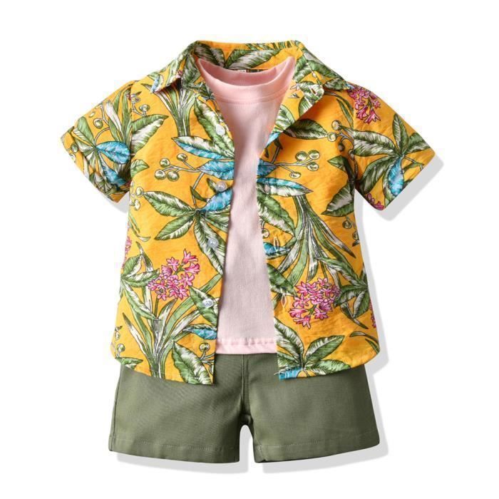 Conjunto de 3 piezas para niños: camisa hawaiana, camiseta y pantalones cortos para las vacaciones de verano - Amarillo/Rosa