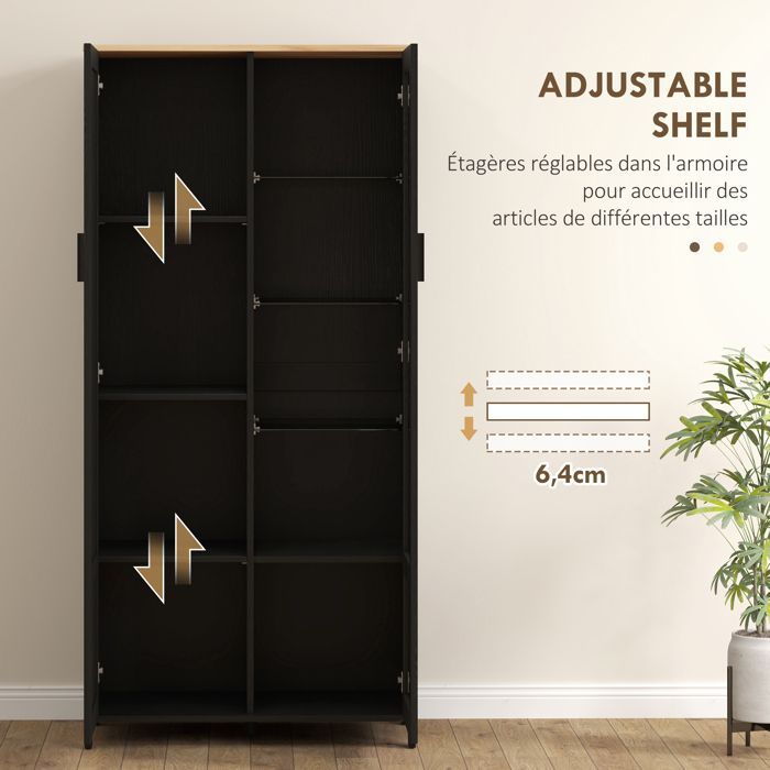 Buffet de cuisine HOMCOM armoire de cuisine meuble vitrine avec étagères réglables et 9 compartiments 76 x 36 x 160 cm noir
