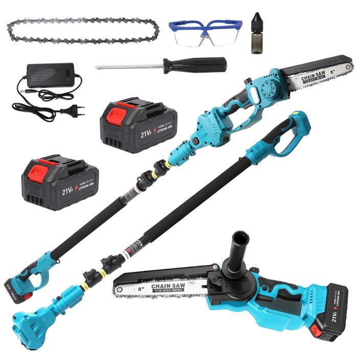 Scie Élagueuse Sans Fil 2-en-1 20V + Tronçonneuse Mini | 8 Pouces | Perche Télescopique (1,8 à 3m) Compatible Batteries Makita